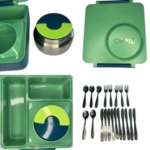 Green OmieBox Bento Lunch Box Set & 20 Piece Stainless Steel Silverware Bundle